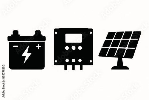 Battery Bank, Charge Controller, and Solar Cells Silhouettes Vector on White Background