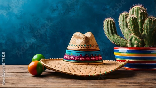 A vibrant composition featuring a Mexican sombrero, fresh limes, and a colorful cactus, set against a textured backdrop, embodying the spirit of celebration and culture