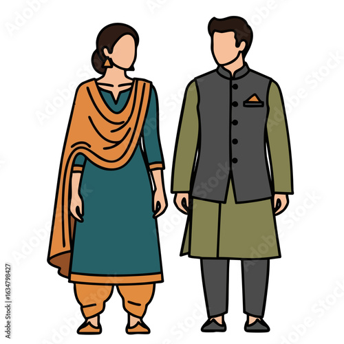 South Indian Langa Voni Veshti Kurta Couple Vector - Traditional Cultural Logo Design