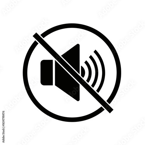 A black and white icon representing the symbol for mute or no sound, featuring a speaker with a diagonal line through it.