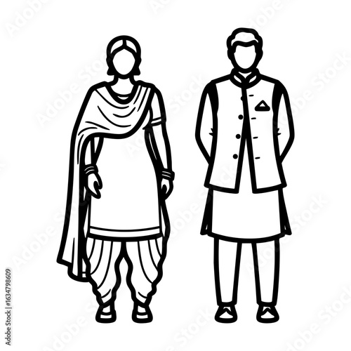 South Indian Langa Voni Veshti Kurta Couple Vector - Traditional Cultural Logo Design