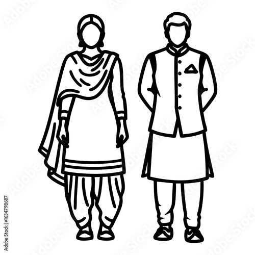 South Indian Langa Voni Veshti Kurta Couple Vector - Traditional Cultural Logo Design