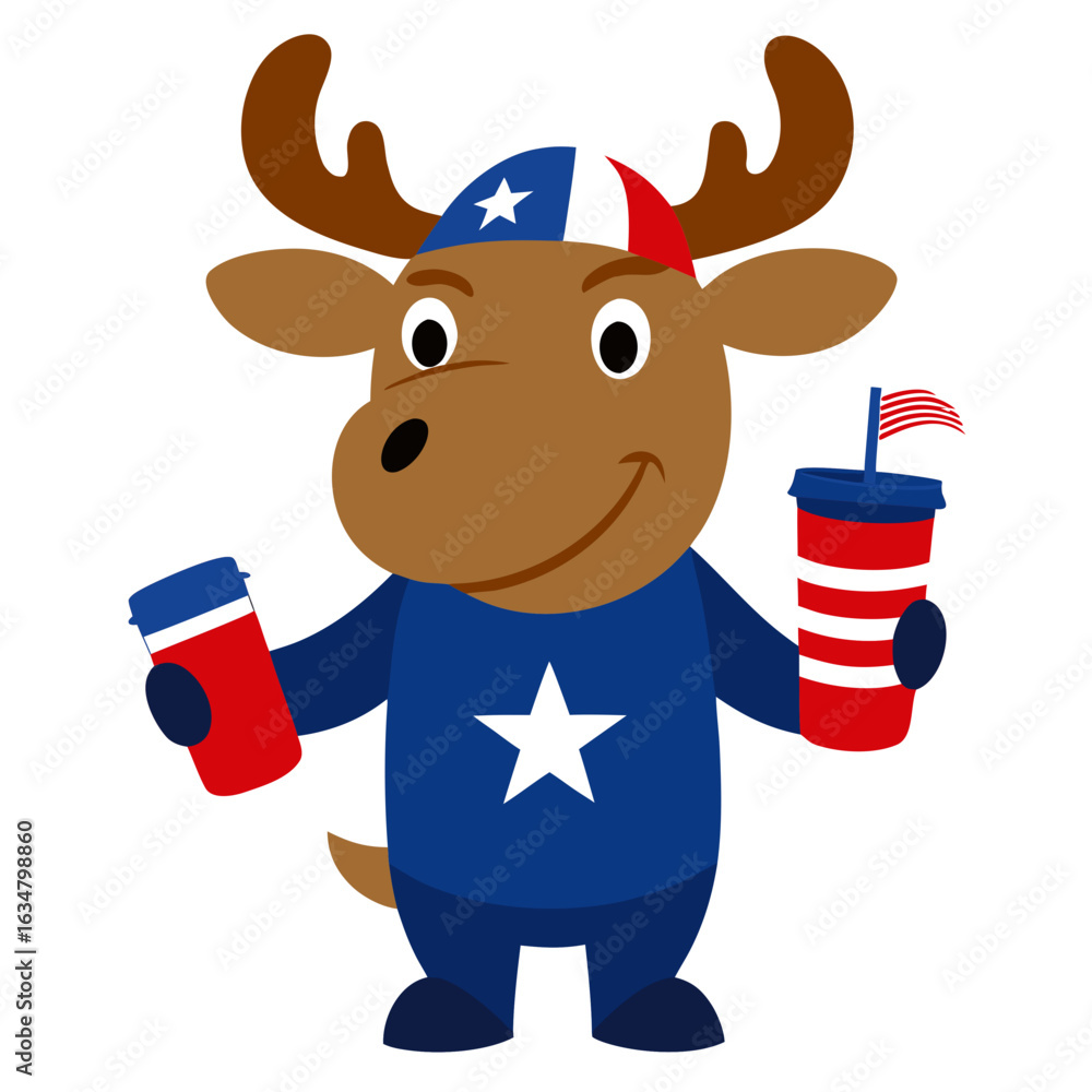 Fototapeta premium Patriotic moose holding american themed drinks