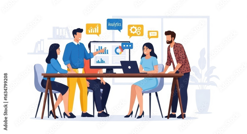 Fototapeta premium Flat illustration of a business team collaborates around a table, analyzing data on a computer screen