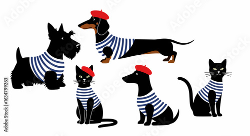 A charming collection of French-themed pets, including dogs and cats wearing striped shirts and red berets.