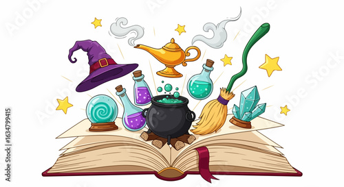 An open book of spells with a cauldron, witch hat, potions, and magic lamp.