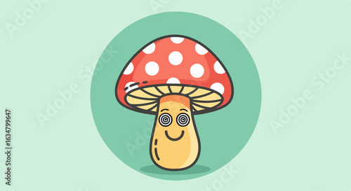 A cute cartoon toadstool with a red spotted cap, smiling face, and hypnotic spiral eyes.