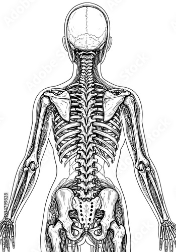 Detailed anatomical illustration of human skeletal structure and back muscles for medical study aids