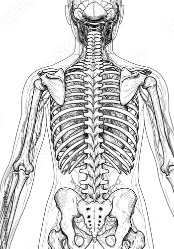 Detailed anatomical illustration of the human skeletal system from the rear view for educational purposes