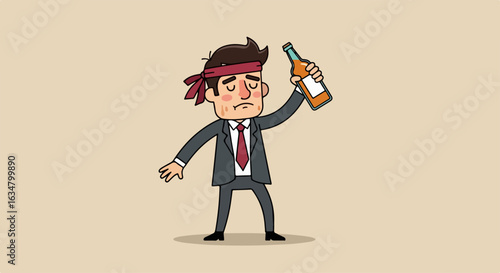 Drunk cartoon businessman with a red headband, flushed cheeks, and a sad expression, holding a beer bottle.