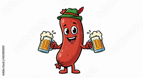 Cheerful cartoon sausage character in a green Tyrolean hat holding two frothy beer mugs.