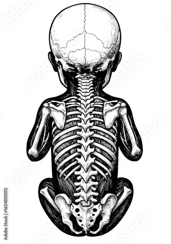Creepy infant skeleton illustration, perfect for Halloween designs or medical concepts involving anatomy