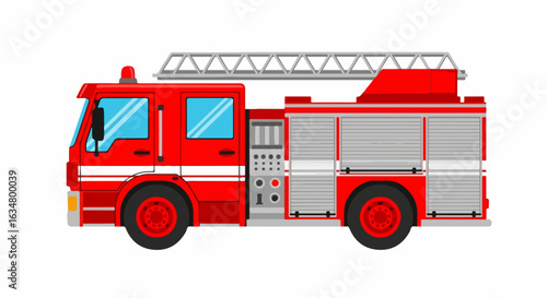 Classic red fire engine with a white stripe and ladder, shown in a side view illustration.