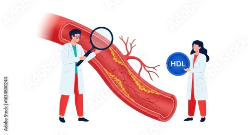 Flat illustration of medical professionals examine a diseased artery with high cholesterol, focusing on hdl