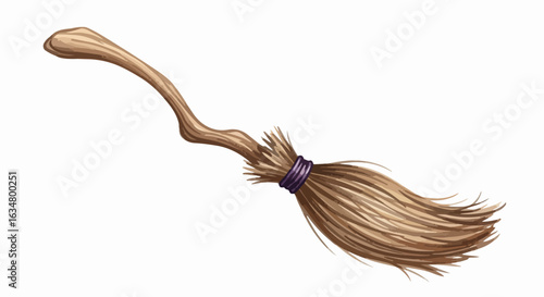 Magical witch's broomstick with a gnarled wooden handle, straw bristles, and a purple band.