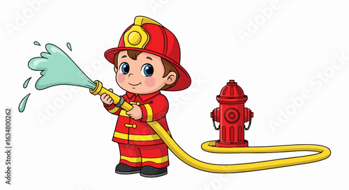 Cute cartoon boy in a red firefighter uniform spraying water from a yellow hose connected to a fire hydrant.