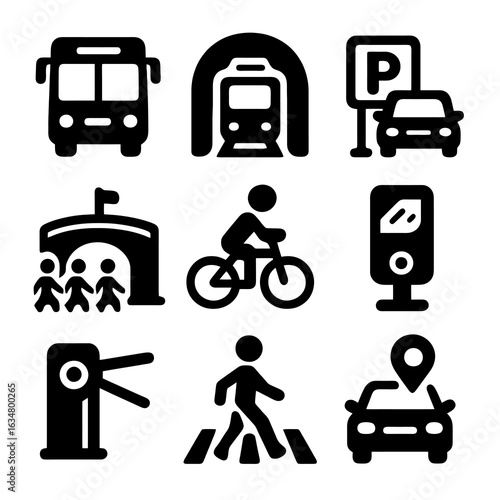 Black filled icons about stadium transportation: bus, subway, car, ticketing and walking crowd. Solid style with thick lines. Ideal for wayfinding, UI and event maps.