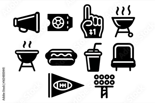 Filled black vector icons about sports and tailgating. Includes megaphone, food, tickets and stadium elements. Bold, geometric style with thick lines and transparent background.