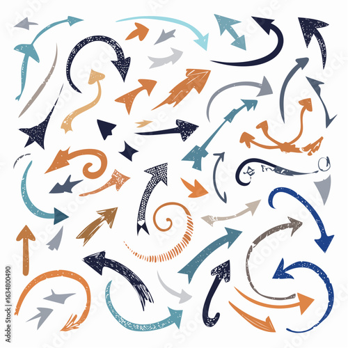 Verschiedene kräftige, handgezeichnete gebogene Pfeile – Doodle-Stil mit dicken Markerstiften, Vektorillustration