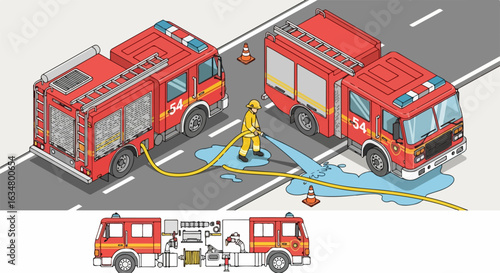 Isometric illustration of red fire trucks and a firefighter in action, with a detailed side view diagram of the vehicle.