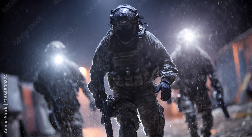 Naklejka premium Three men, special forces soldiers, in tactical gear with flashlights and rifles, entering a building during a night operation.