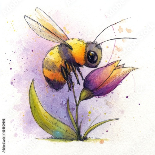 Colorful watercolor painting of a yellow and black bee perched on a purple flower bud with long green leaves, featuring splashes of magenta and pastel accents