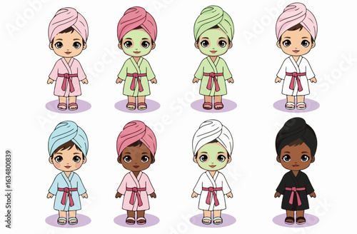 Set of diverse cartoon girls in colorful bathrobes and towel turbans for a spa day.
