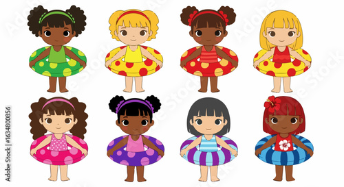 Set of eight diverse cartoon girls in colorful swimsuits and patterned swim rings.