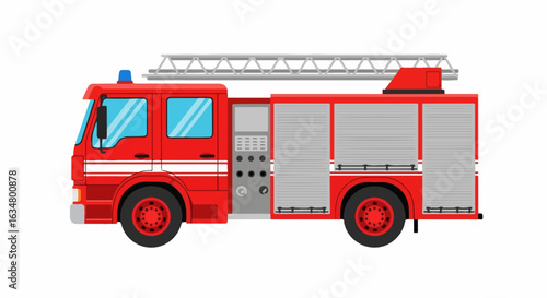 Side view illustration of a red fire engine with a rooftop ladder and blue siren light.