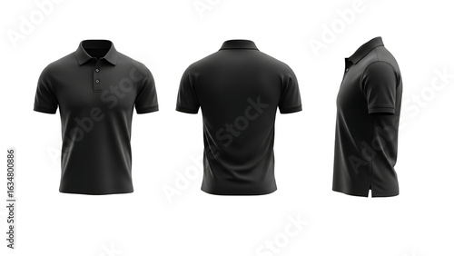 Men's black polo shirt mockup in front, back, and side view. Isolated clothing template.