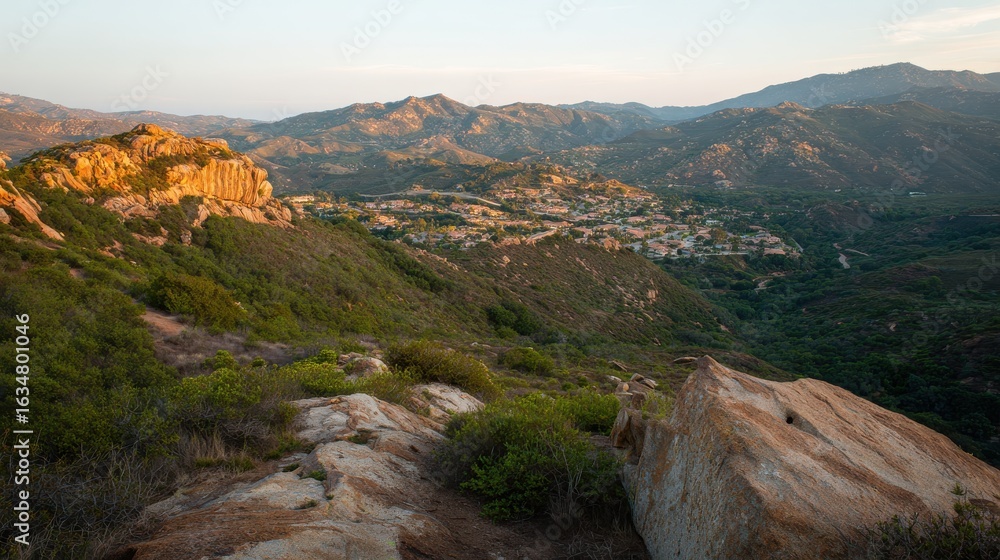 Obraz premium Serene mountain landscape bathed in golden hour light showcasing nature's grandeur for travel advertising, environmental education, or outdoor activity promotion.