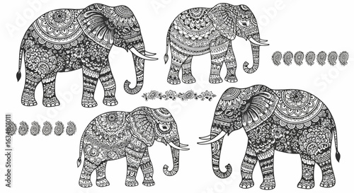 Set of four monochrome elephants with intricate Indian mandala and paisley patterns.