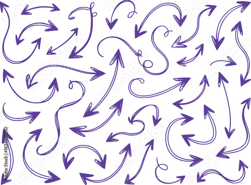 Hand Drawn Arrows in Purple Ink Creative Movement and Direction Indicators Whimsical and Playful Design Element for Presentations and Graphics