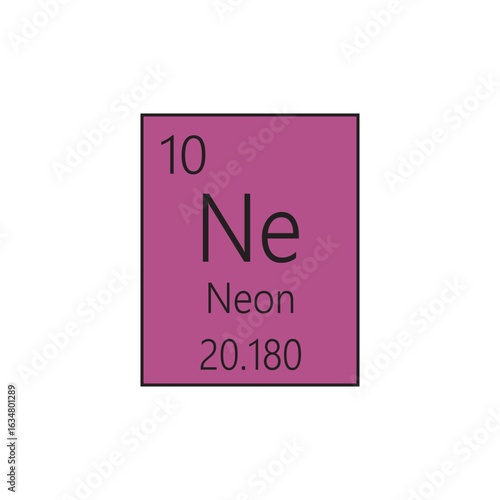 Ne Neon Noble gas Chemical Element Periodic Table. Simple flat square vector illustration, simple clean style Icon with molar mass and atomic number for Lab, science or chemistry class.