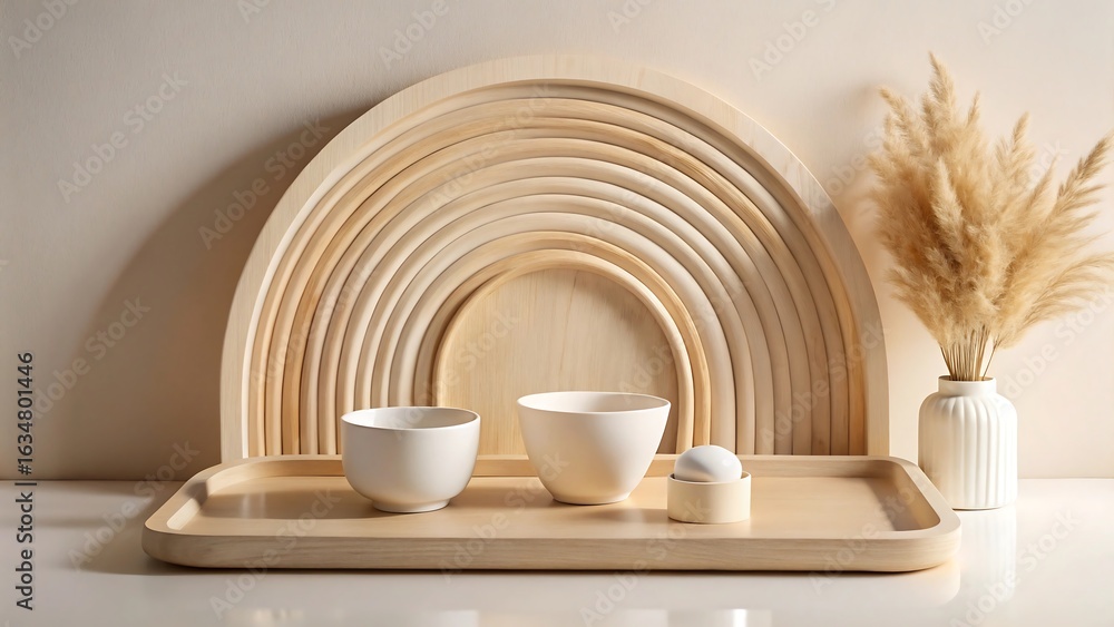 Fototapeta premium Serene Minimalist Home Decor: Wooden Trays, Ceramic Bowls, Pampas Grass, Neutral Tones.