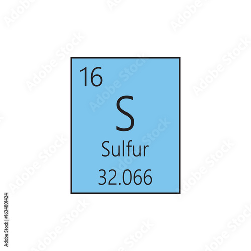 S Sulfur Non reactive metal Chemical Element Periodic Table. Simple flat square vector illustration, simple clean style Icon with molar mass and atomic number for Lab, science or chemistry class.