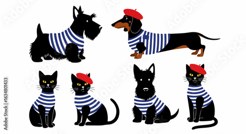 A charming collection of French-style cats and dogs in striped shirts and red berets.