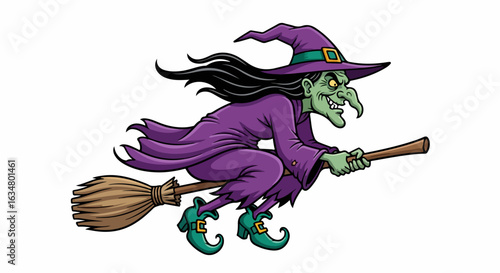 A classic cartoon witch with green skin, a purple robe, and a pointy hat, flying on her broomstick with a wicked grin.