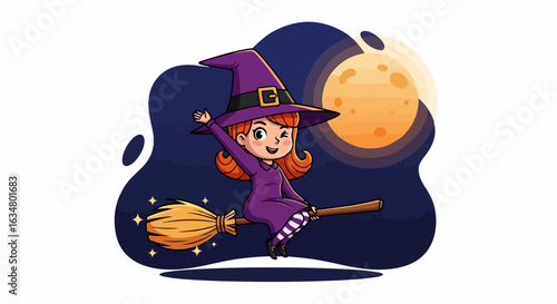 Charming young witch in a purple hat and dress, winking and waving from her magic broomstick.