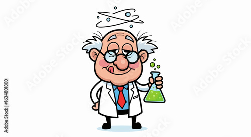 Dizzy cartoon mad scientist with white hair holding a bubbling green chemical flask.