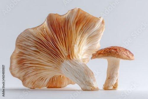 Two mushrooms, one large fan-shaped with pale orange gills, the other smaller, brown-capped, and stem-like, are presented against a plain white backdrop