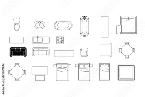 Collection of top view furniture and bathroom fixtures line art icons toilet sink