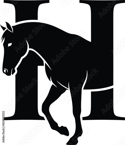 Black Horse Silhouette in Motion Against Large Letter H Logo vector illustration