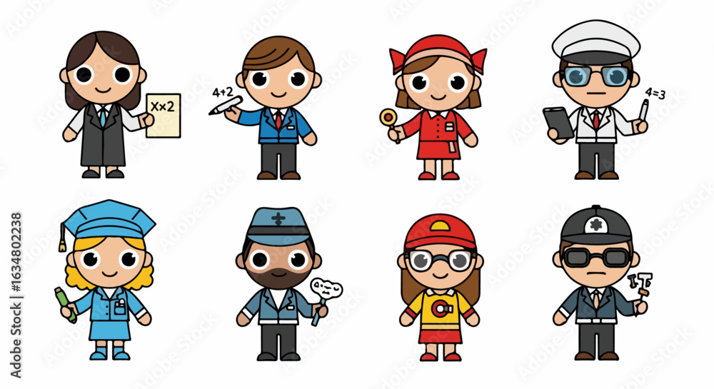 Obraz premium Set of eight cute kawaii cartoon characters representing various professions and occupations.
