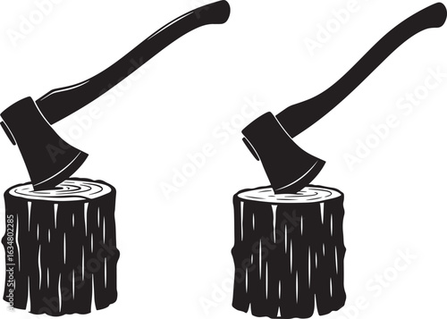Two axes stuck in wood logs silhouette