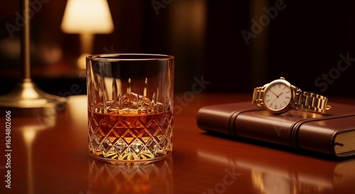 Whiskey in Cut Glass with Gold Watch and Leather Journal on Wood Table