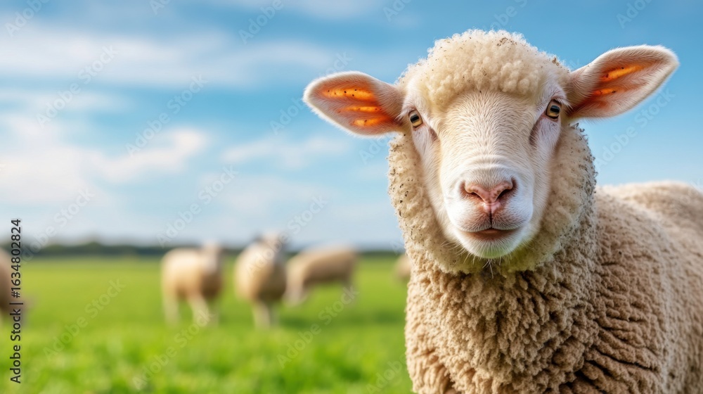 Obraz premium Cute Sheep in Green Pasture with Blue Sky and White Clouds in Background