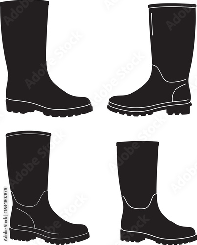 Four black rubber boots silhouette