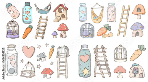 Adorable hand-drawn set of hamster and small pet accessories including cages, ladders, carrots, mushrooms, and cozy homes in a pastel watercolor style.