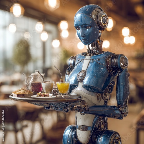 Realistic humanoid male robot waiter with blue metallic torso and exposed gears serving tea and desserts on a tray in an elegant cafe with warm bokeh lights